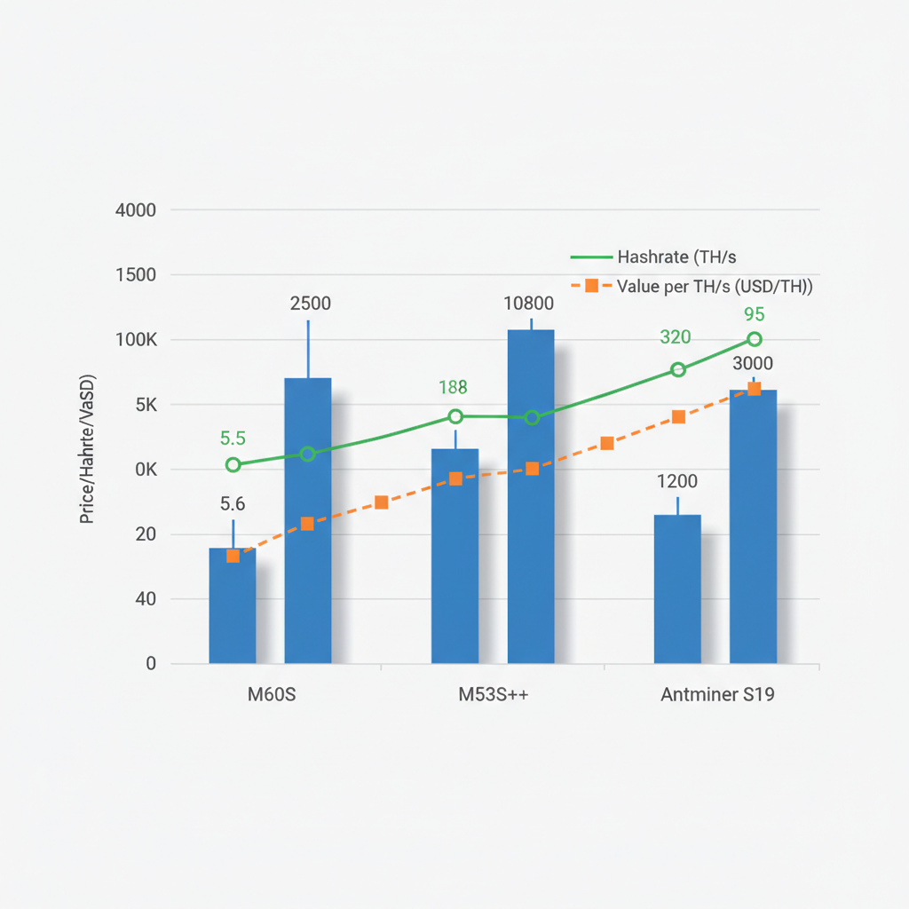 Clustered column chart comparing price ranges, hashrate, and value per TH/s for M60S, M53S++ WhatsMiner models and Antminer S19