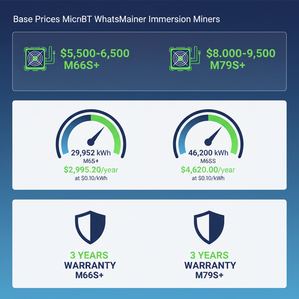 Infographic illustrating pricing structure, power costs, and warranty for WhatsMiner M66S+ and M79S immersion miners