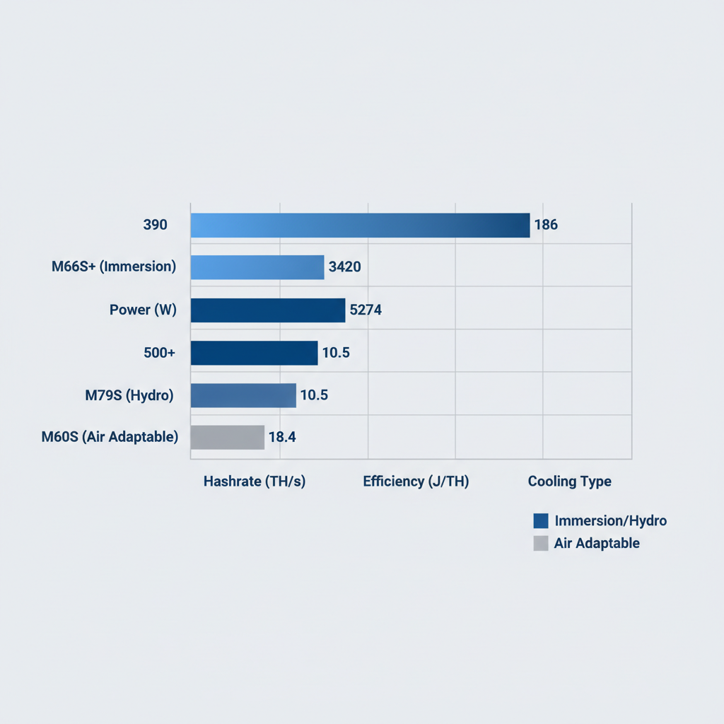 Horizontal bar chart comparing hashrate, power, efficiency, and cooling for WhatsMiner M66S+, M79S, and M60S models.
