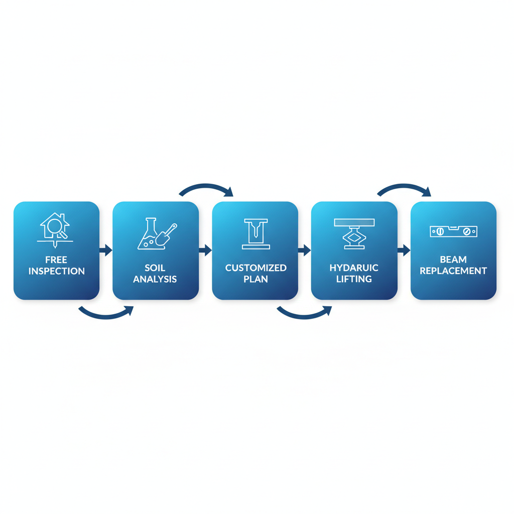 Horizontal process flow diagram showing five stages of foundation repair services: free inspection, soil analysis, customized plan, hydraulic lifting, and beam replacement.