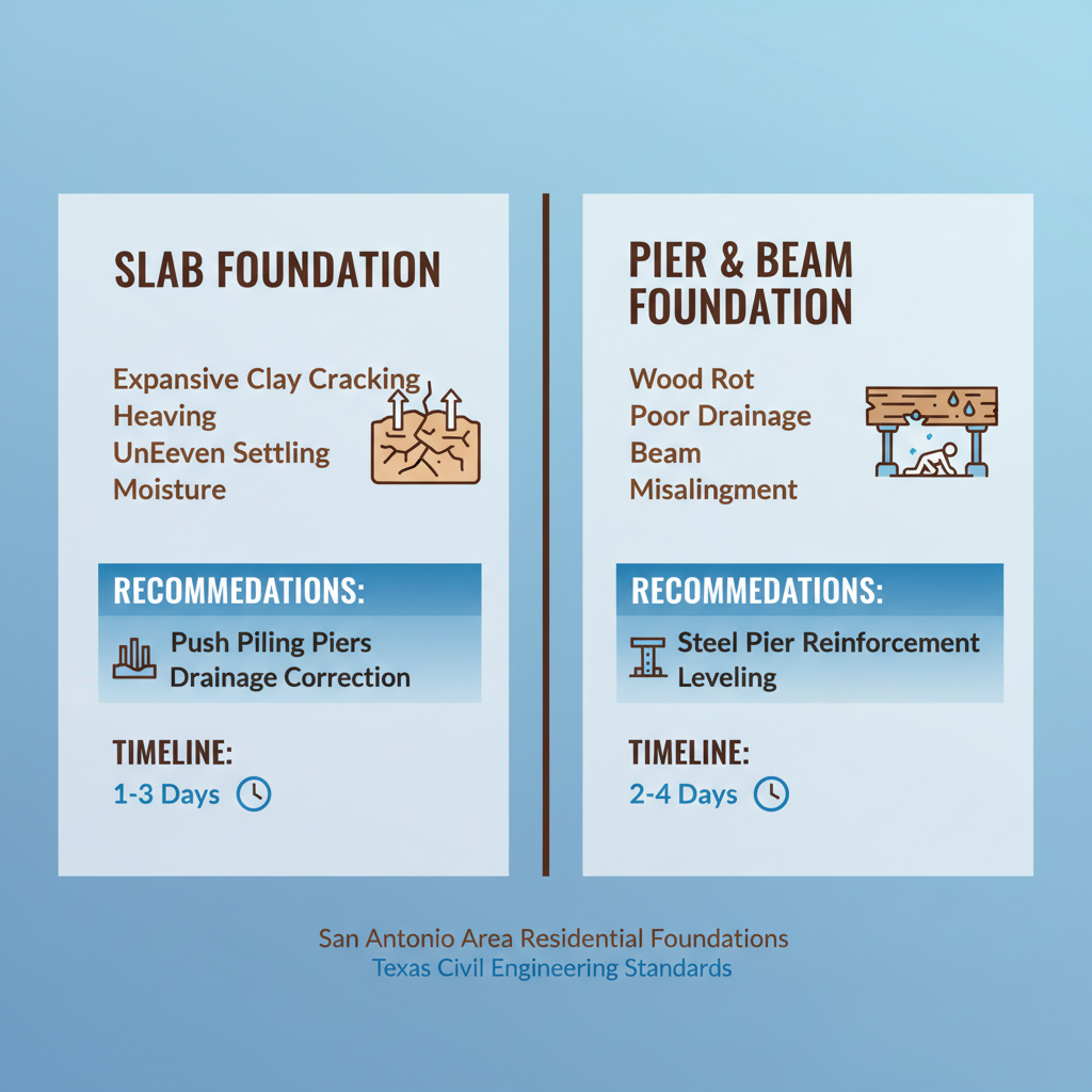 Infographic comparing common slab and pier-and-beam foundation challenges and repair solutions in San Antonio Texas