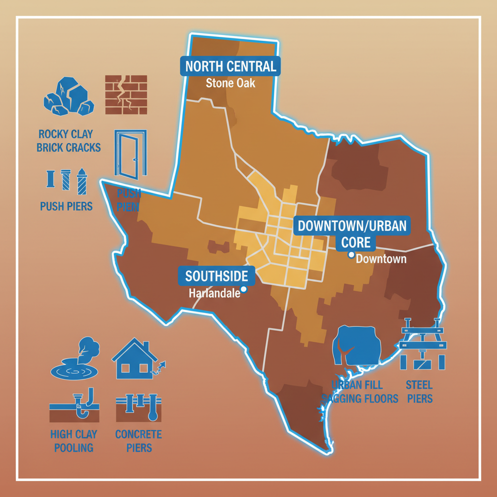 Infographic showing foundation issues in San Antonio neighborhoods including clay soil problems, cracks, and repair solutions like piers.