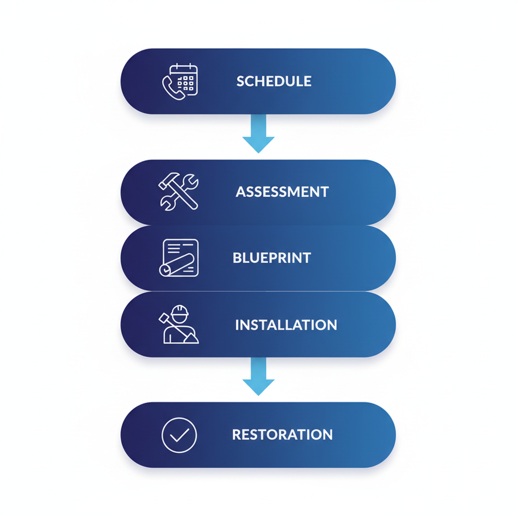 Vertical process flow chart illustrating the five key stages of starting foundation repairs in San Antonio, from scheduling inspection to final restoration.