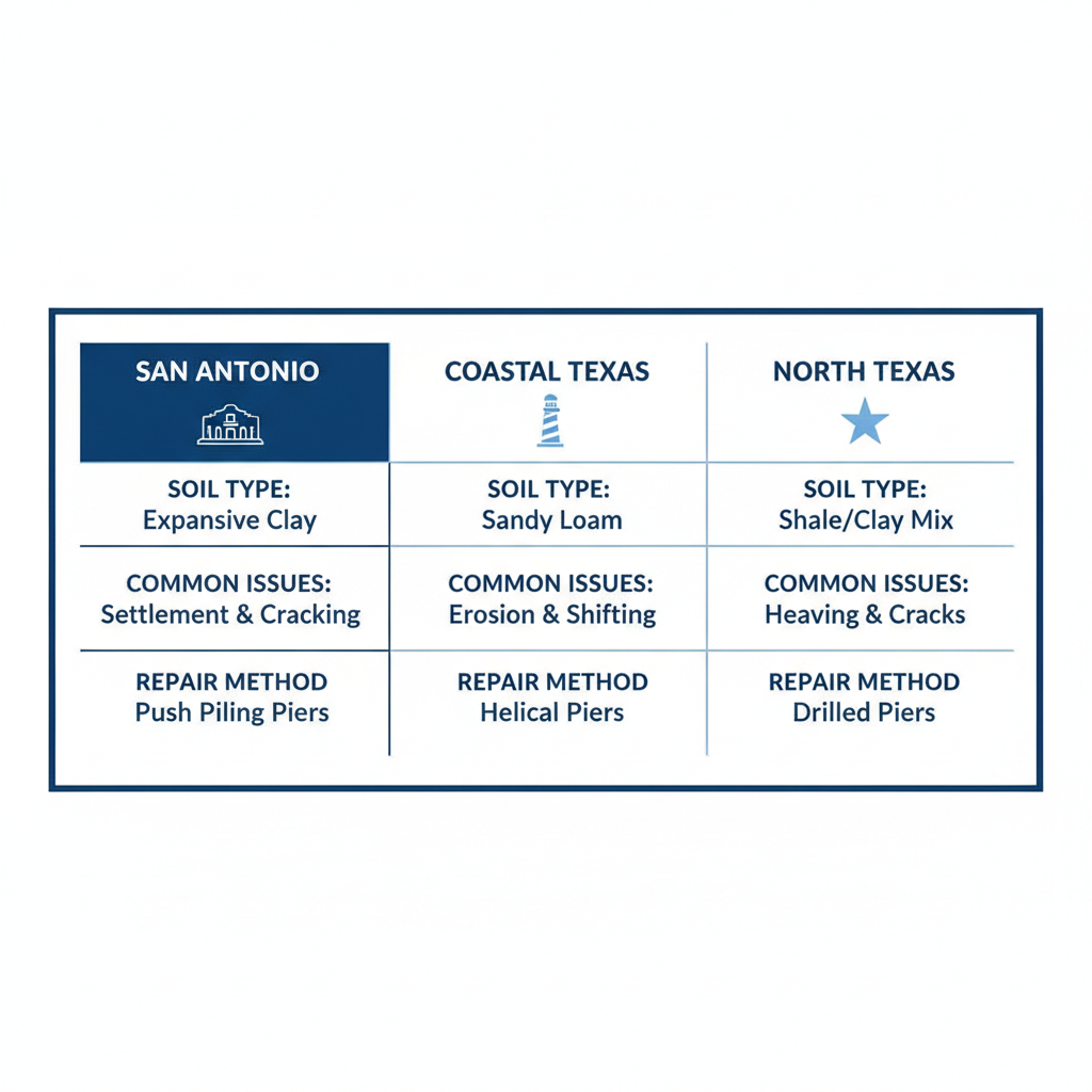 Comparison chart of foundation repair considerations in Texas regions including soil types, issues, and methods