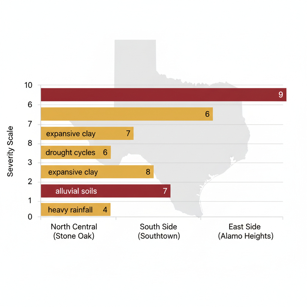 Horizontal bar chart showing foundation issue severity in San Antonio neighborhoods, including soil types and causes like expansive clay and drought.