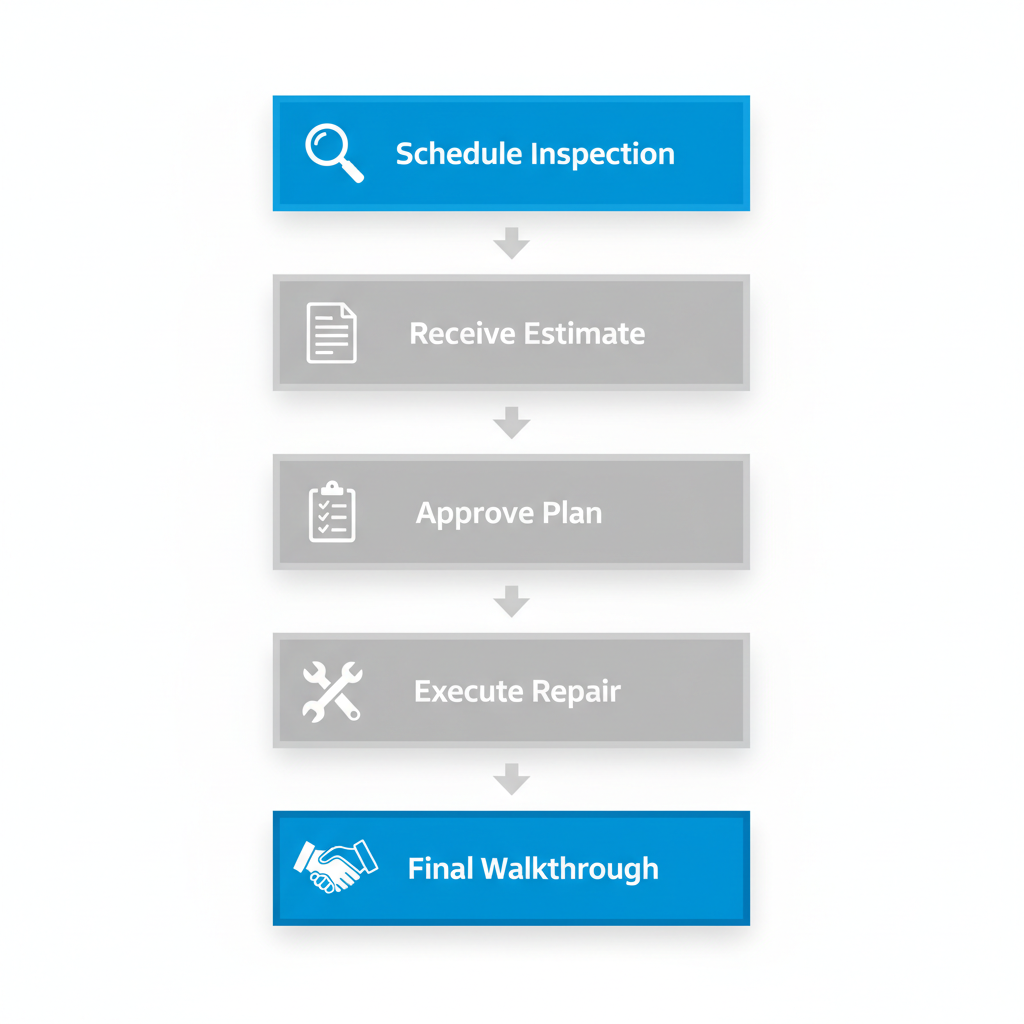 Vertical process flow diagram illustrating five steps to begin foundation repair in San Antonio with icons and minimal labels.