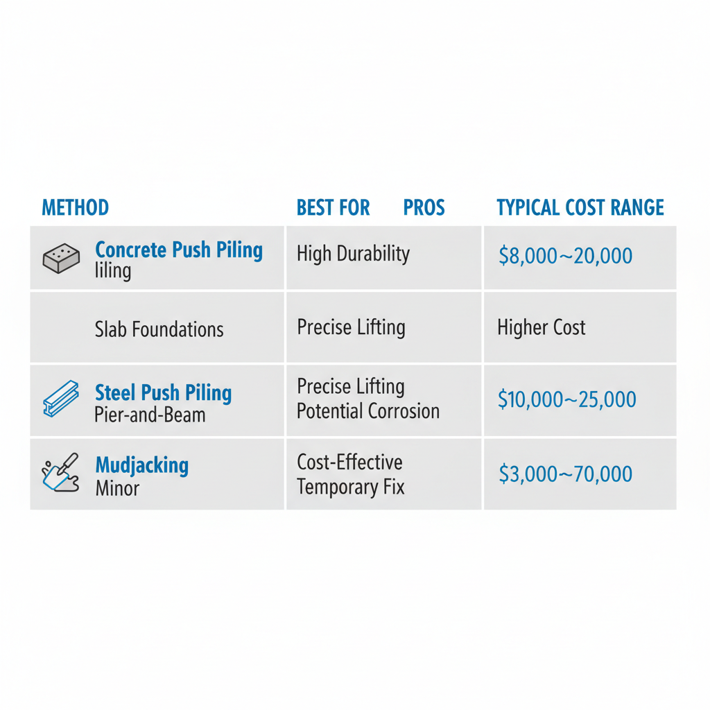 Infographic table comparing foundation repair methods for San Antonio homes, including pros, cons, and cost ranges.
