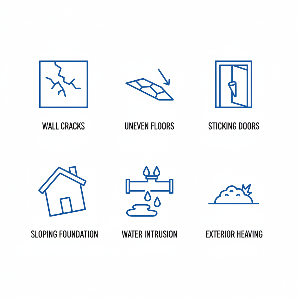 Grid of six icons showing common foundation damage signs: wall cracks, uneven floors, sticking doors, sloping foundation, water intrusion, and exterior heaving.