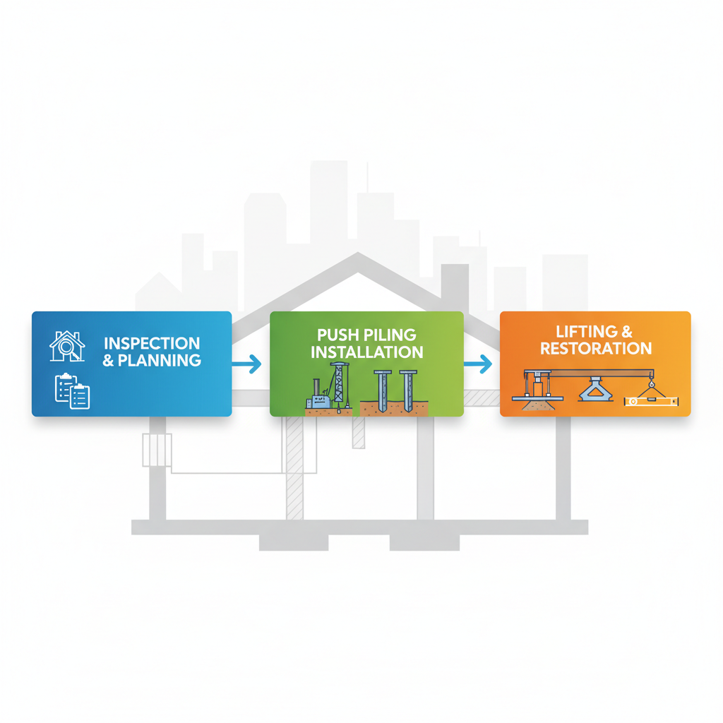 Horizontal process flow diagram illustrating three key stages of foundation repair: inspection and planning, pier installation, and lifting with restoration.