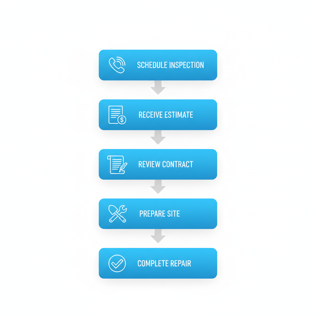 Vertical process flow diagram depicting five key steps to initiate a foundation repair project, including icons for scheduling, estimating, contracting, site preparation, and completion.
