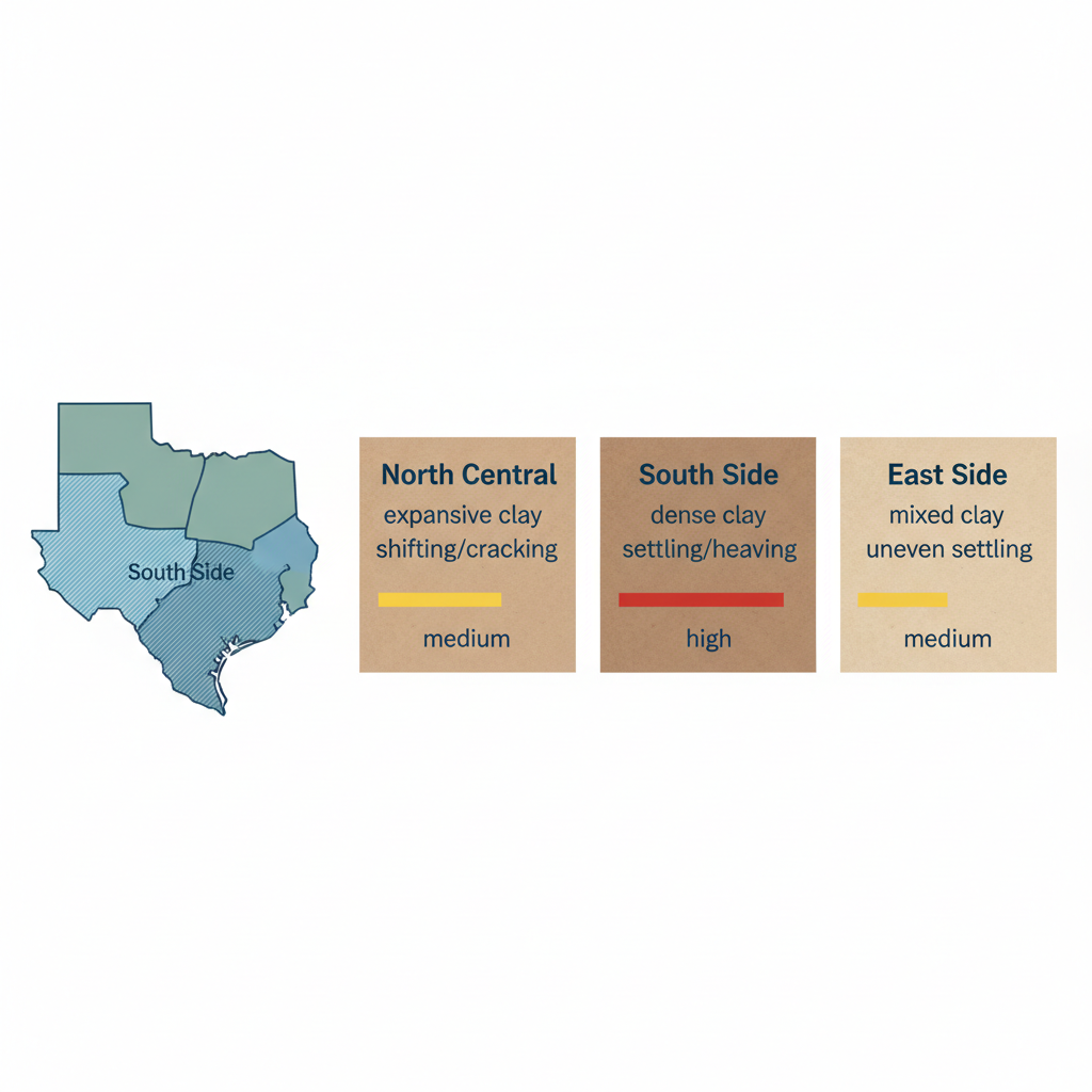 Infographic showing comparison of foundation issues, soil types, and prevalence in San Antonio neighborhoods including a city map outline.