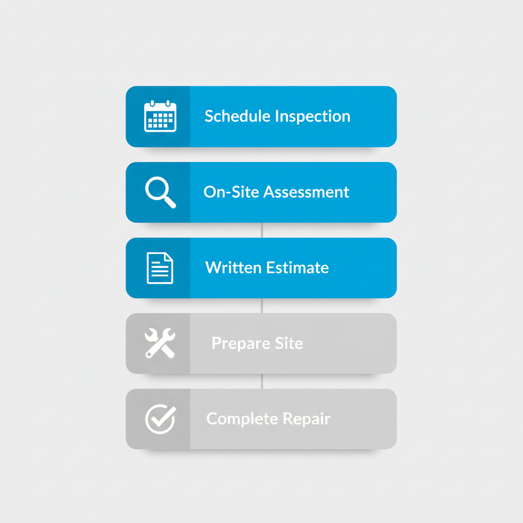 Vertical process flow diagram showing five steps to begin foundation repair in San Antonio with icons and labels.