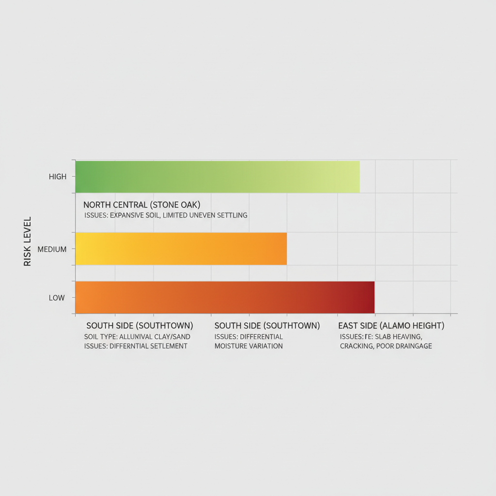 Horizontal bar chart comparing foundation risk levels in San Antonio neighborhoods: Stone Oak, Southtown, and Alamo Heights, with green-to-red gradient bars and sub-labels for soil and issues.