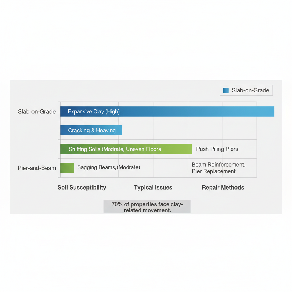 Horizontal bar chart comparing foundation types, challenges, and repair methods in San Antonio