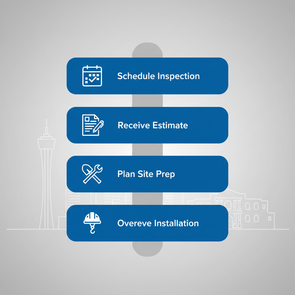 Vertical process flow diagram showing four steps to start a foundation repair project: scheduling inspection, receiving estimate, planning site prep, and overseeing installation.