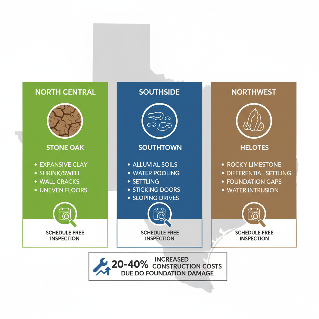 Infographic showing common foundation issues and signs in San Antonio neighborhoods: North Central, Southside, and Northwest areas.