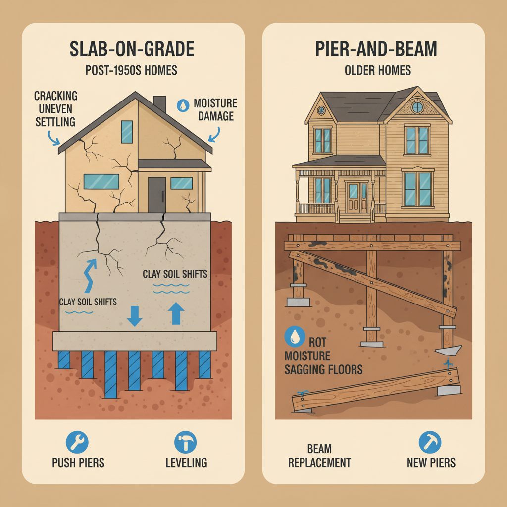 Infographic comparing slab-on-grade and pier-and-beam foundation challenges in San Antonio with icons for vulnerabilities