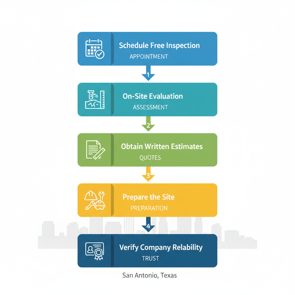 Vertical process flow diagram illustrating five key steps to start foundation repair: scheduling inspection, on-site evaluation, obtaining estimates, site preparation, and verifying company reliability with relevant icons and color-coded boxes.