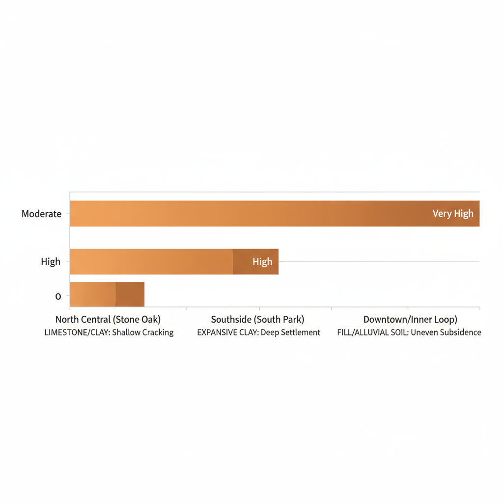 Horizontal bar chart comparing foundation repair issues across San Antonio neighborhoods including Stone Oak, South Park, and Downtown with soil-related labels.