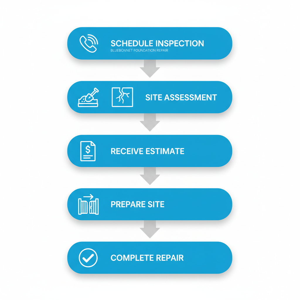 Vertical process flow illustrating five steps to start foundation repairs: schedule inspection, site assessment, receive estimate, prepare site, complete repair and warranty.