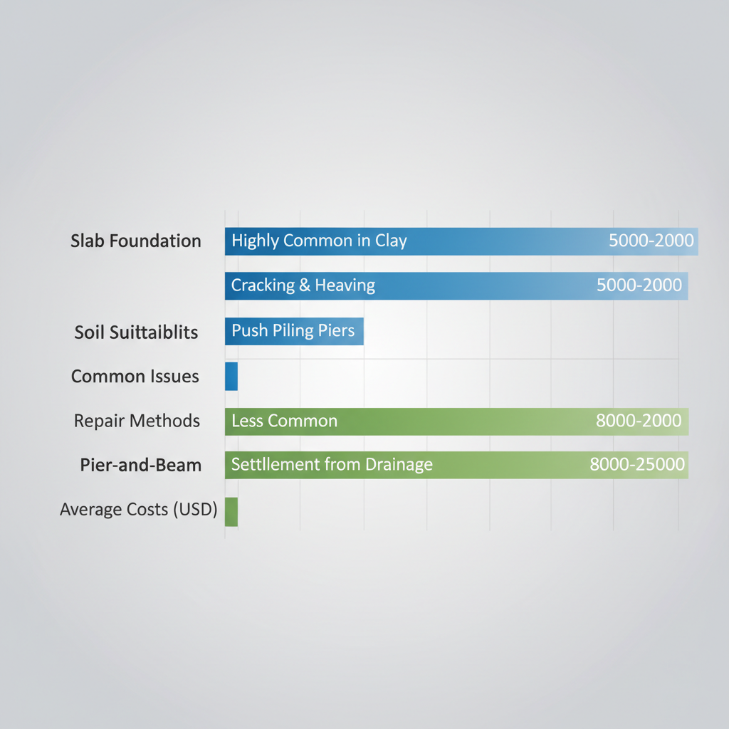 Horizontal bar chart comparing slab and pier-and-beam foundations in Austin, showing soil suitability, issues, repair methods, and costs with blue and green bars.