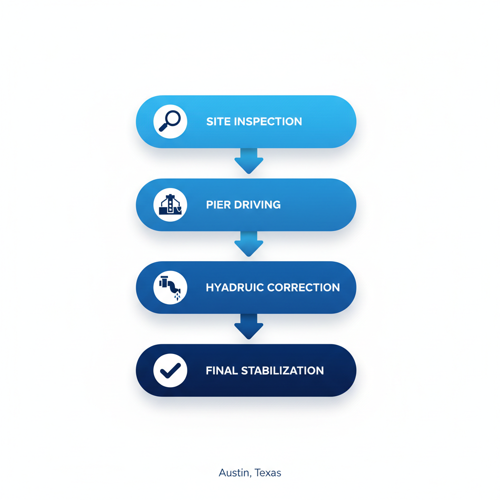 Vertical process flow diagram of five steps in foundation repair services: inspection, pier driving, hydraulic lifting, drainage correction, and final stabilization.