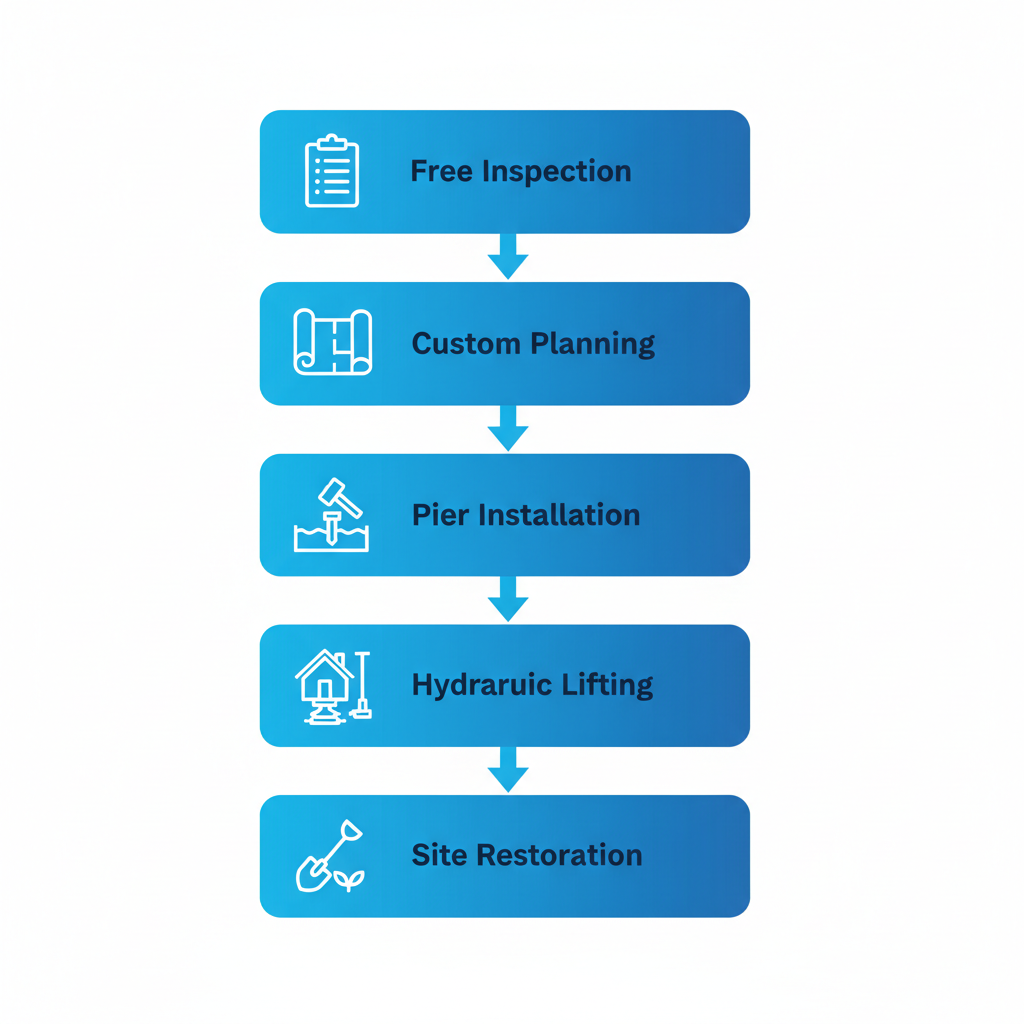 Vertical process flow diagram illustrating five steps in pier and beam foundation repair services in Texas