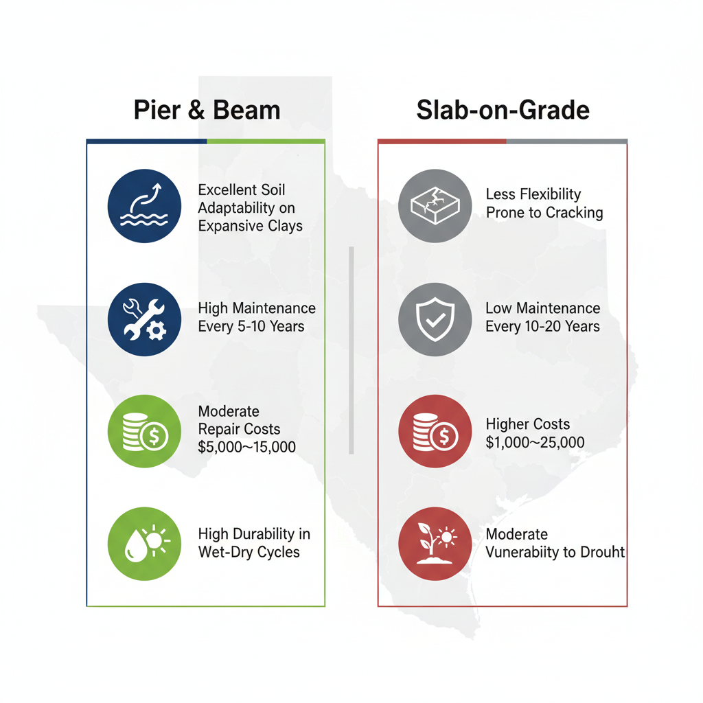 Infographic comparing pier and beam foundations advantages in soil adaptability and durability against slab-on-grade costs and vulnerability in Austin homes