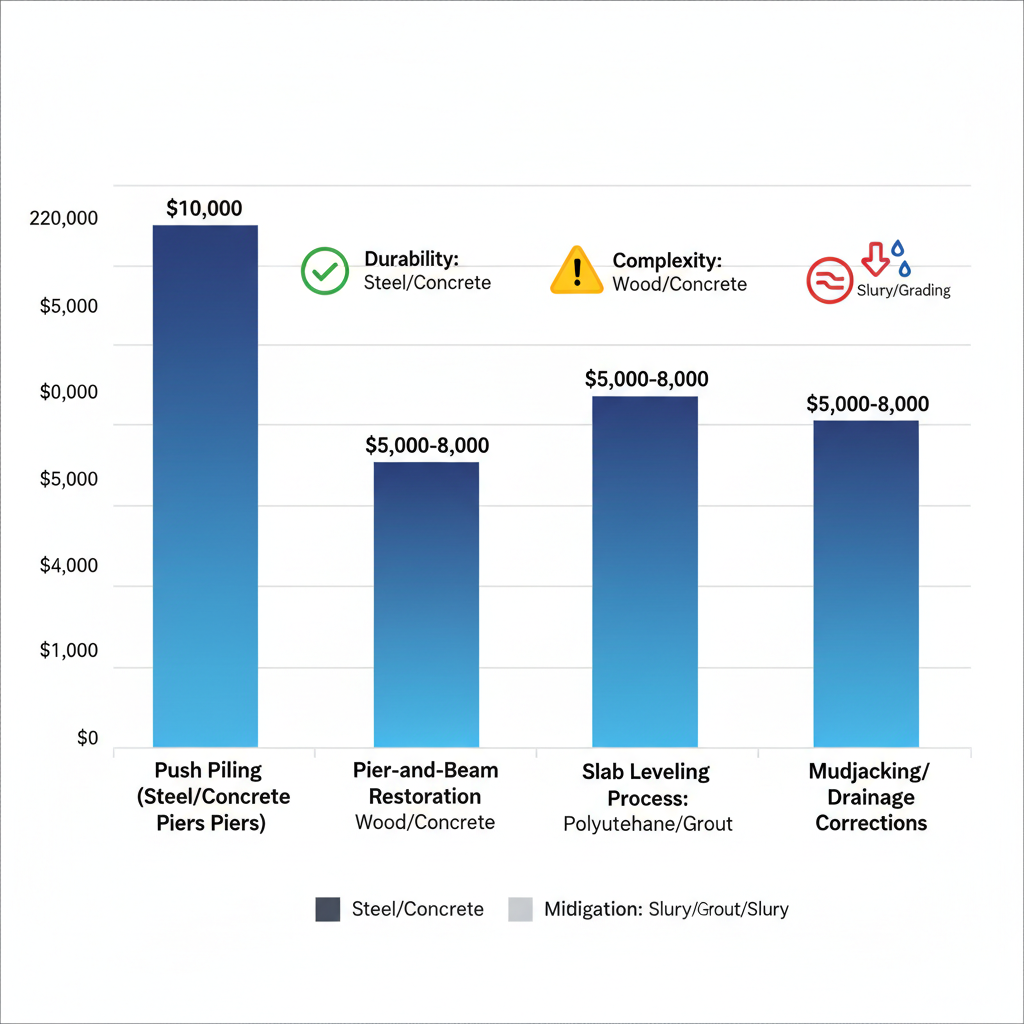 Bar chart illustrating average costs of various foundation repair methods in Austin, Texas, with pros and cons icons.