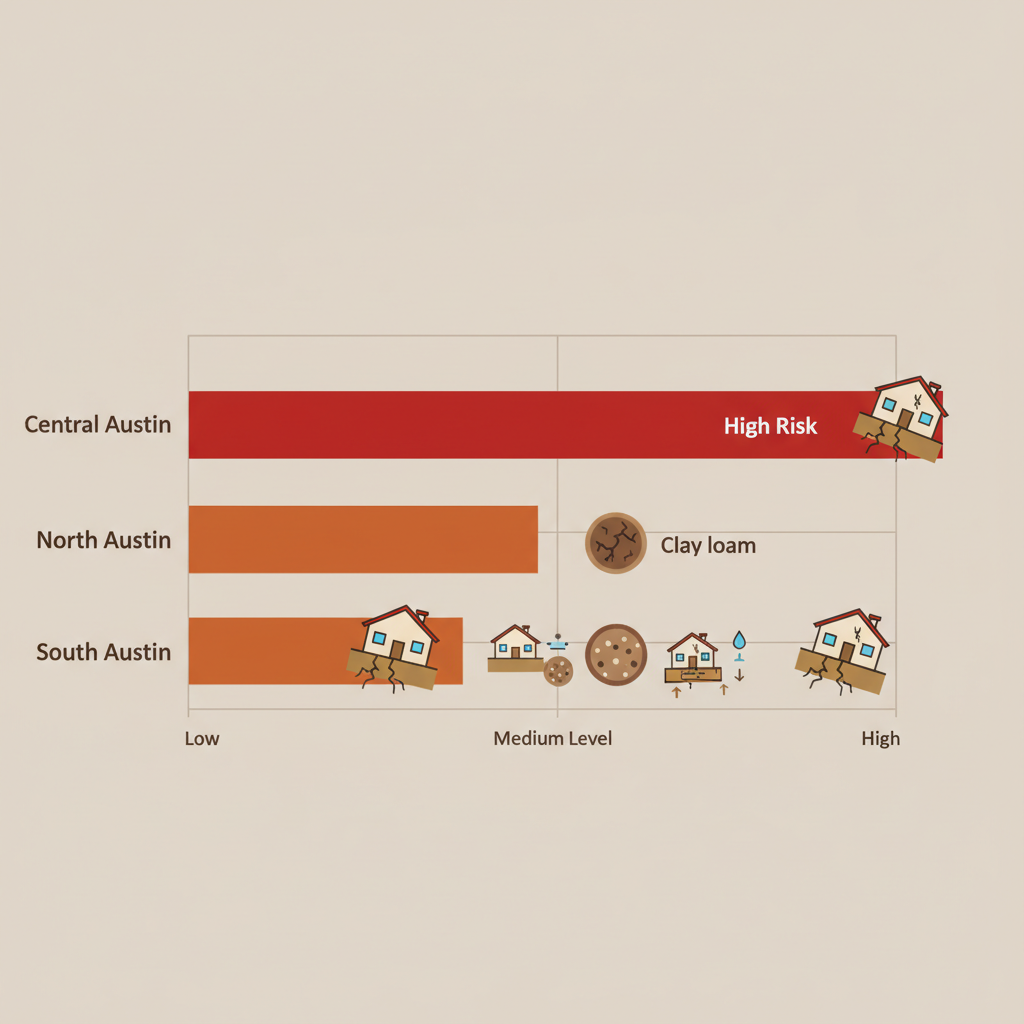 Horizontal bar chart comparing foundation risks in Central, North, and South Austin neighborhoods with color-coded bars and icons for soil and issues