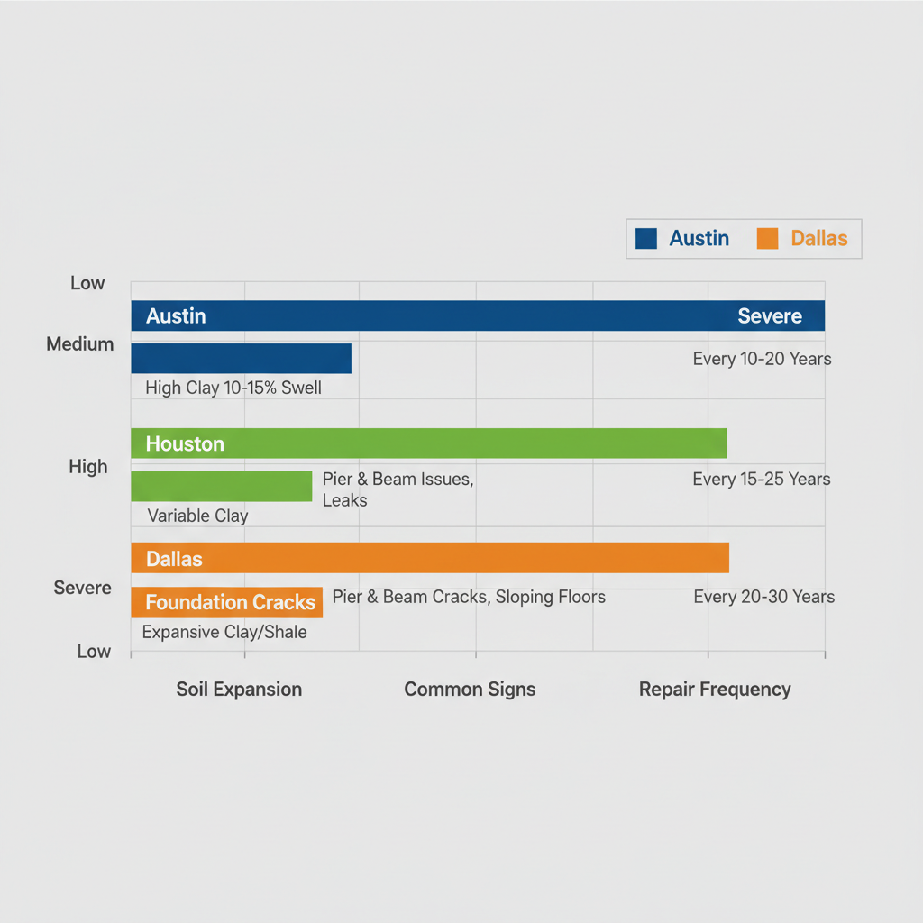 Bar chart comparing foundation issues like soil expansion, signs, and repair frequency across Austin, Houston, and Dallas.