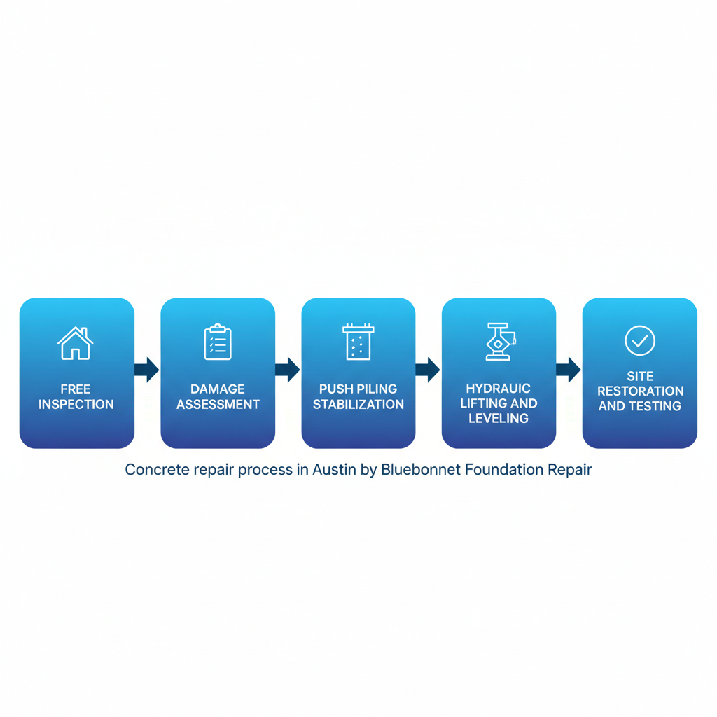 Horizontal process flow diagram illustrating the five steps of concrete repair services in Austin, featuring icons for each stage.