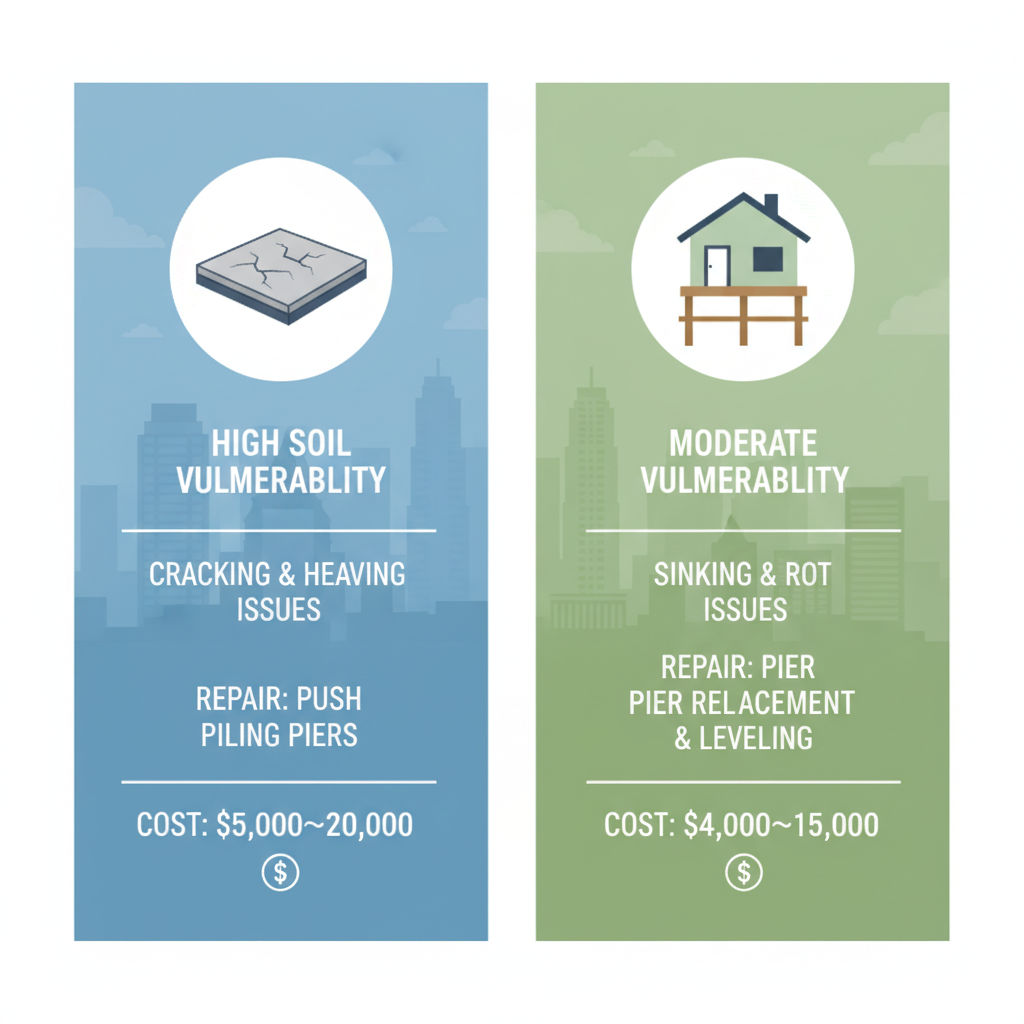 Infographic comparing slab and pier-and-beam foundations in Austin, highlighting vulnerabilities, issues, repairs, and cost ranges.