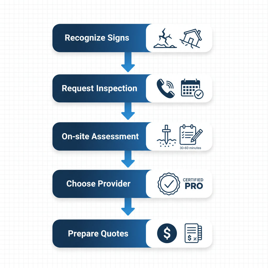 Vertical process flow diagram illustrating five key steps to start foundation repair in Austin: recognizing signs, requesting inspection, on-site assessment, choosing certified provider, and preparing for quotes.