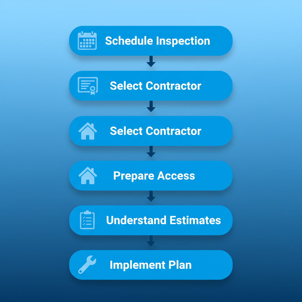Vertical process flow diagram showing five steps to begin foundation repair: schedule inspection, select contractor, prepare access, understand estimates, implement plan.