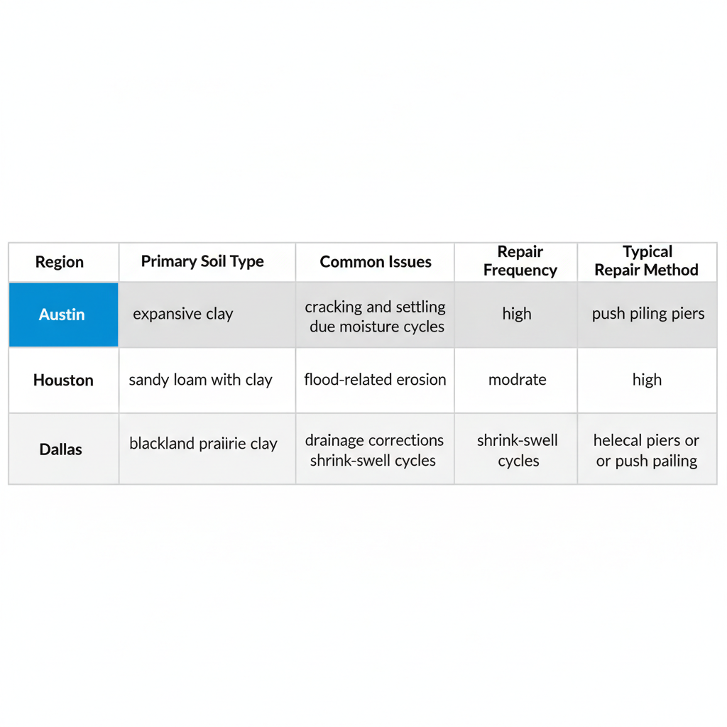 Comparison table of foundation issues across Austin, Houston, and Dallas regions in Texas