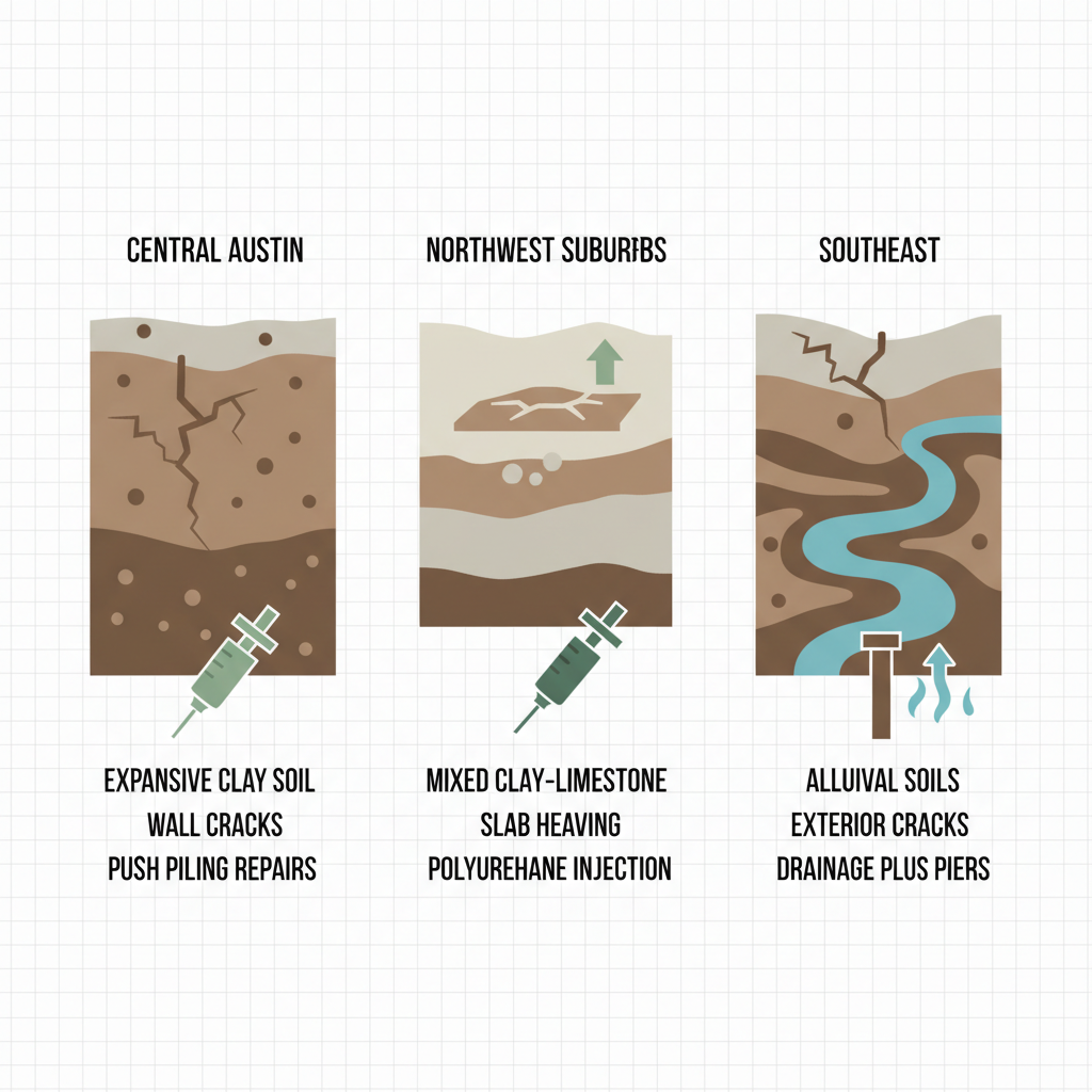 Infographic illustrating foundation issues in different Austin areas, including soil types, common cracks, and repair methods with relevant icons.