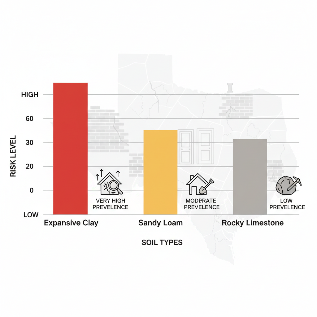 Bar chart comparing risk levels of soil types affecting foundation stability in Austin: expansive clay, sandy loam, and rocky limestone.