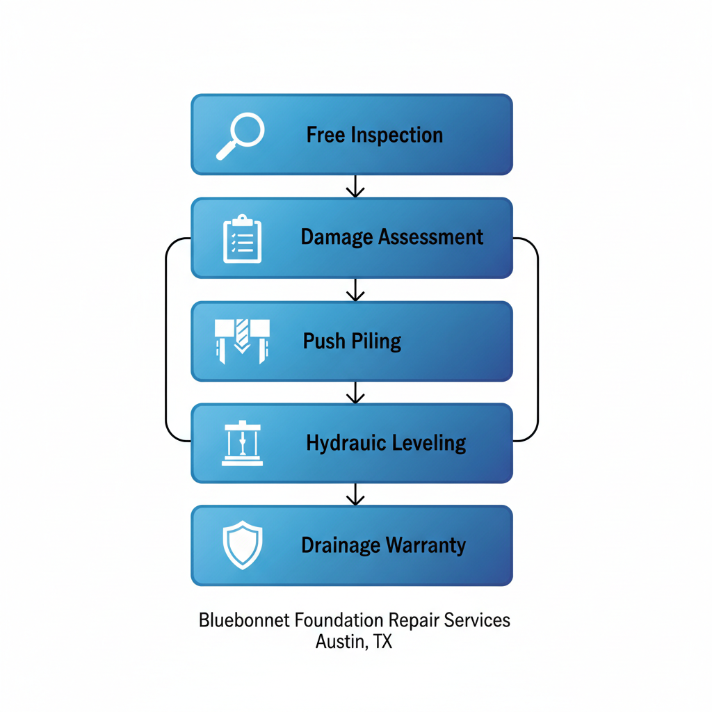 Vertical process flow diagram illustrating five stages of foundation repair services: free inspection, damage assessment, push piling installation, hydraulic leveling, and drainage correction with warranty.