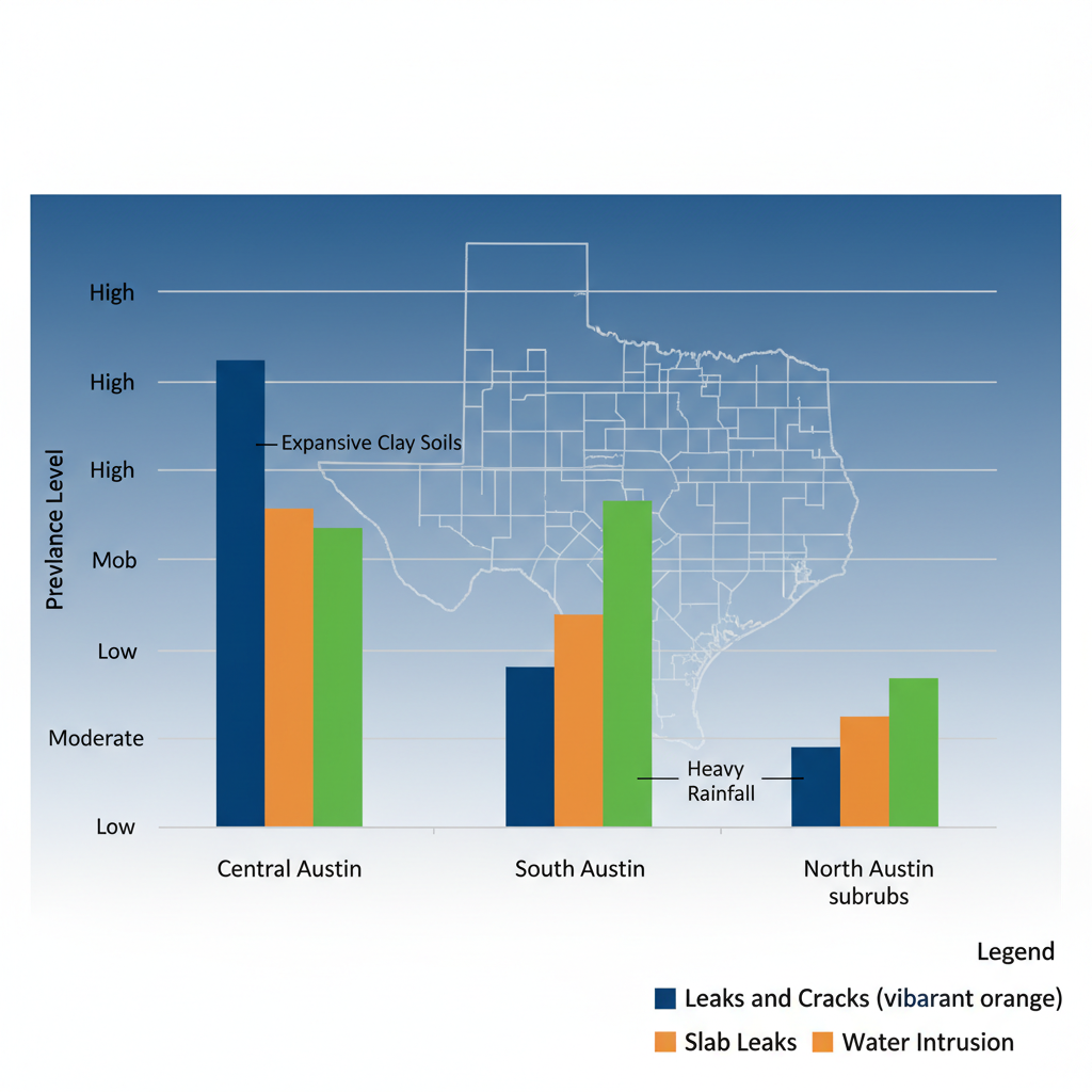 Bar chart showing prevalence of foundation issues like leaks, cracks, and water intrusion across Central, South, and North Austin areas, categorized by low, moderate, high levels.