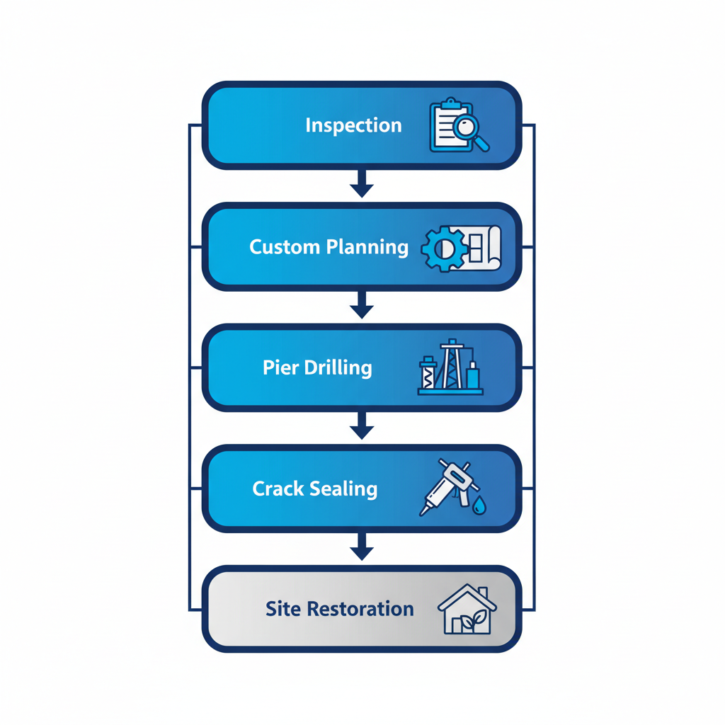 Vertical process flow diagram illustrating five stages of foundation repair services: inspection, custom planning, pier drilling and lifting, crack sealing and waterproofing, and site restoration.