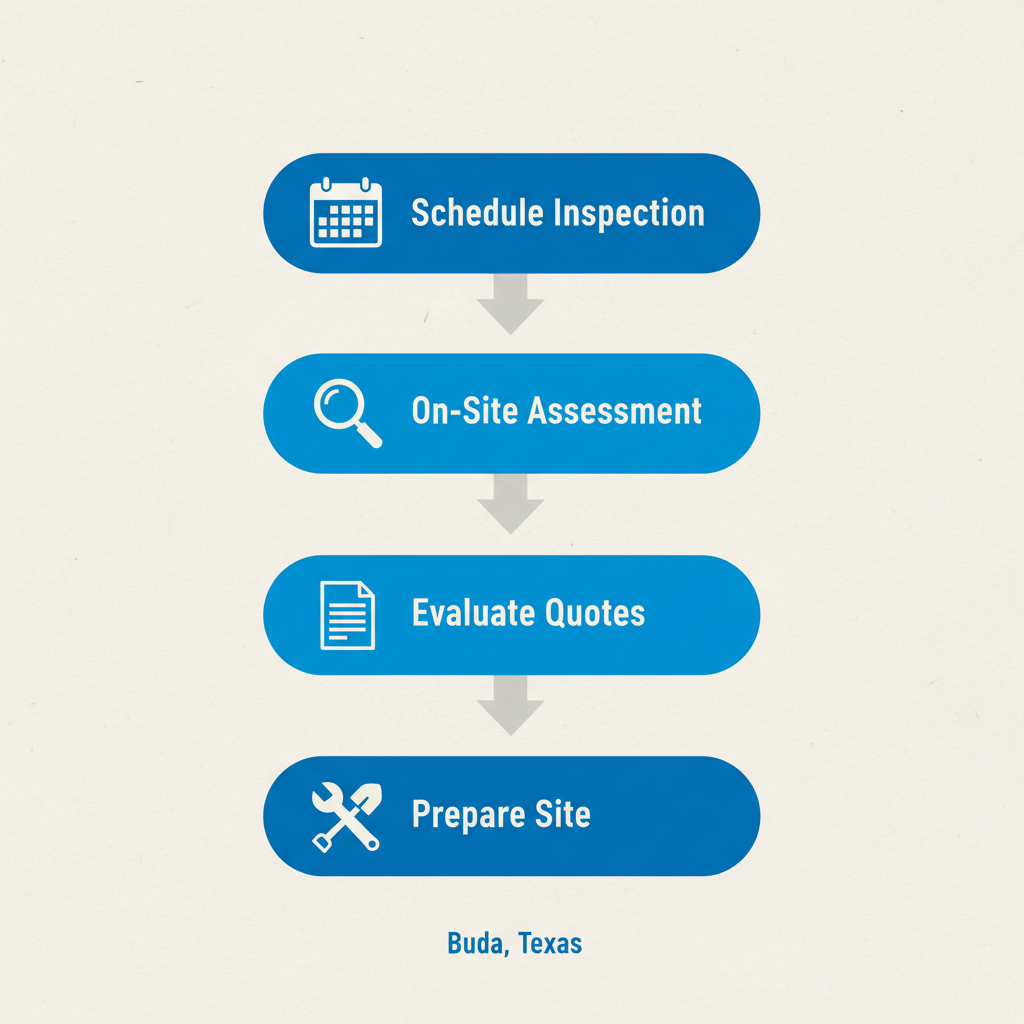Vertical process flow diagram showing four steps to start foundation repair: scheduling inspection, on-site assessment, evaluating quotes, and preparing site with relevant icons.