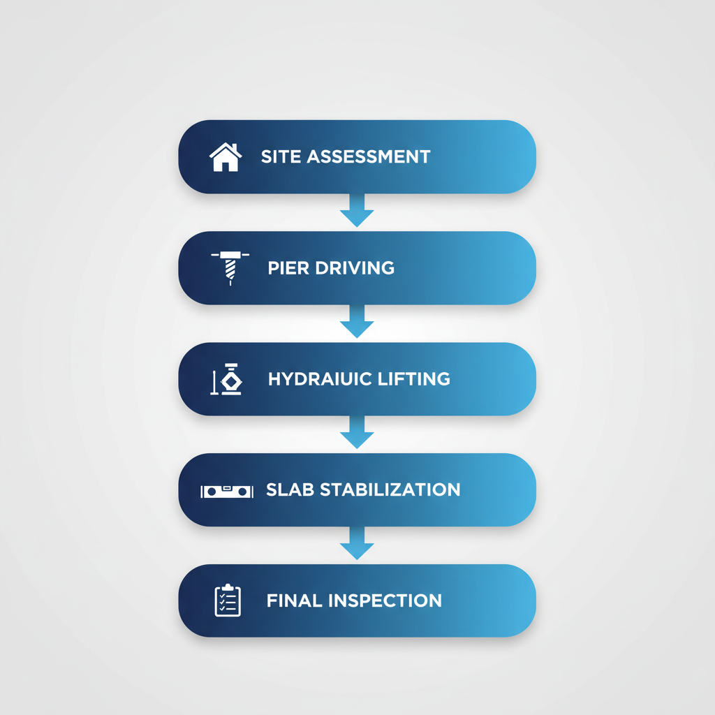 Vertical process flow diagram illustrating five stages of foundation repair using push piling in Buda, Texas