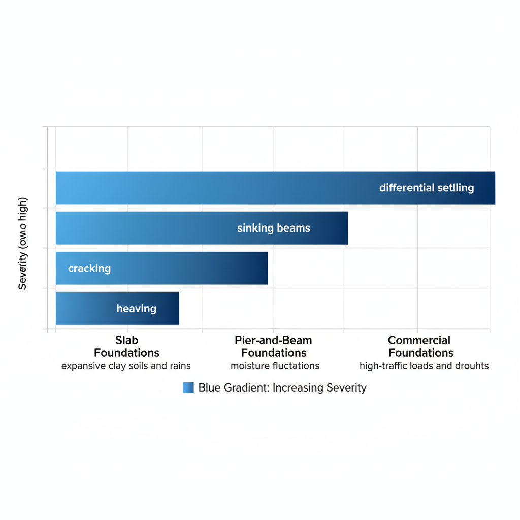 Horizontal bar chart comparing severity of foundation issues across types in Buda, Texas, highlighting soil and moisture impacts