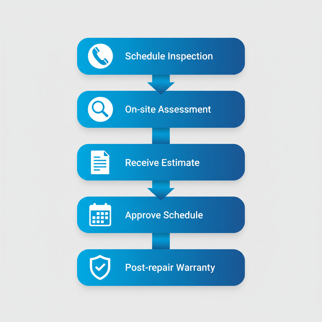 Vertical diagram showing five steps to start foundation repair: scheduling inspection, assessment, estimate, approval, and warranty.