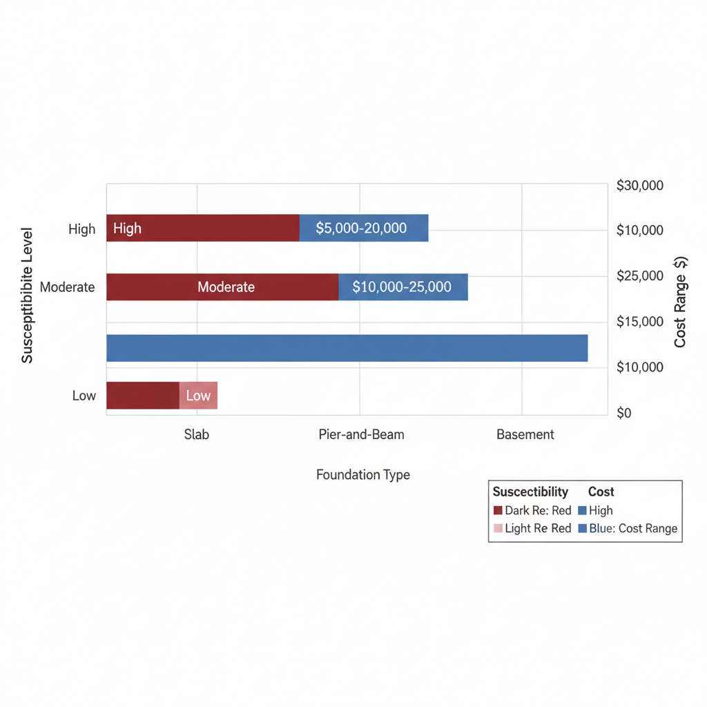 Horizontal bar chart comparing susceptibility levels and cost ranges for slab, pier-and-beam, and basement foundations in Buda, Texas