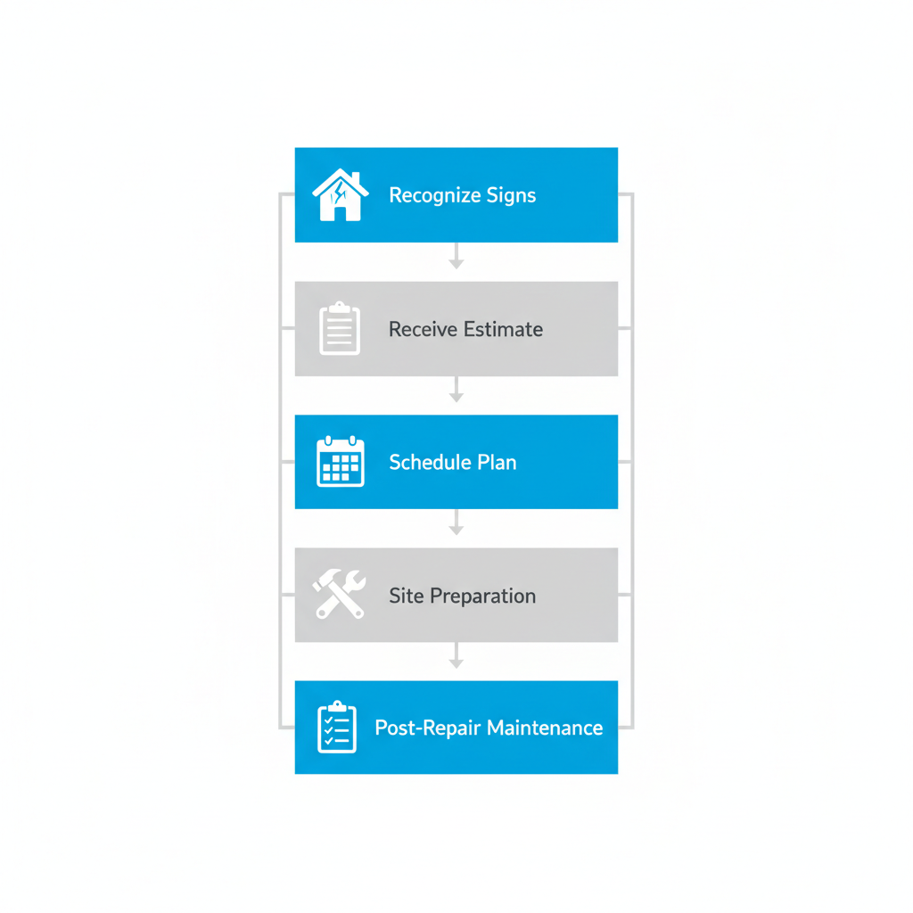 Vertical process flow diagram showing five steps to start foundation repair: recognizing signs, receiving estimate, scheduling plan, site preparation, and post-repair maintenance.
