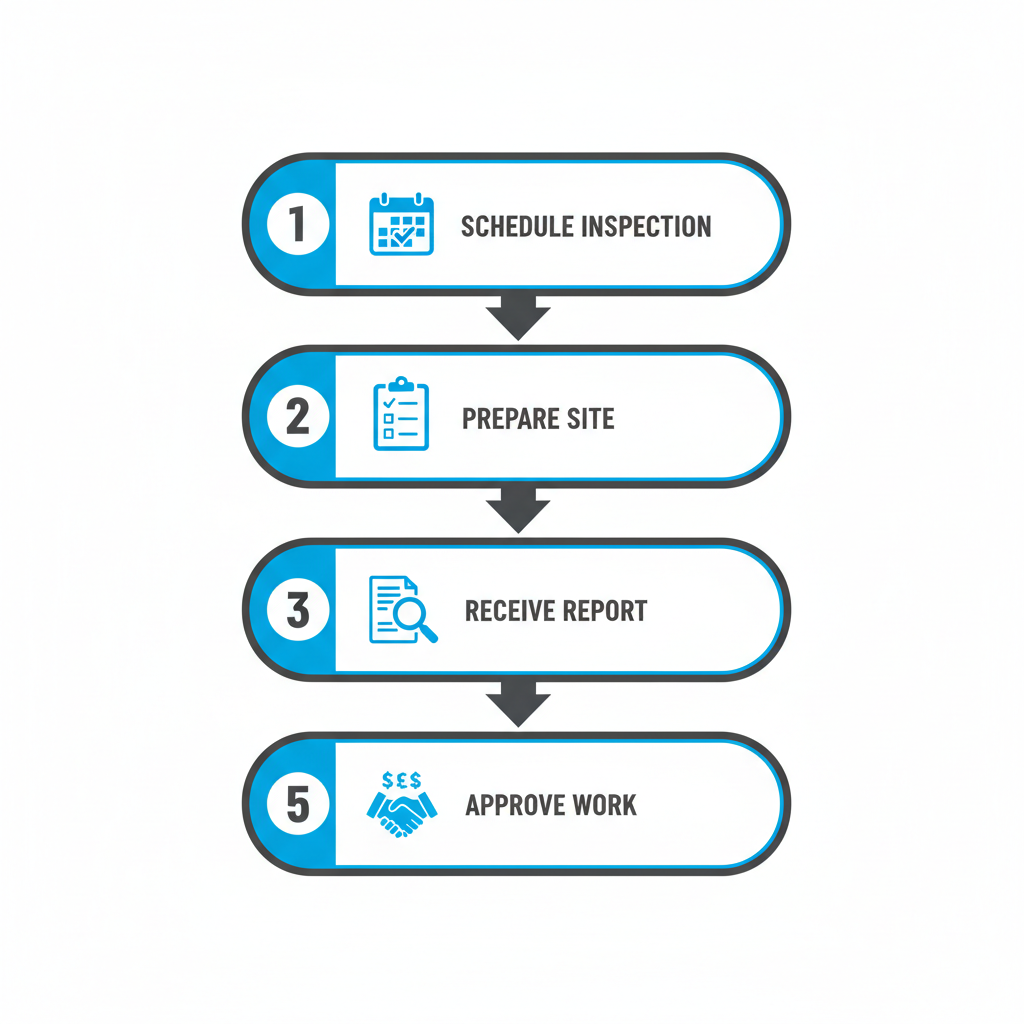 Vertical process flow diagram illustrating five steps to initiate concrete repair in Cedar Park, featuring icons for scheduling, site preparation, assessment, estimation, and approval.