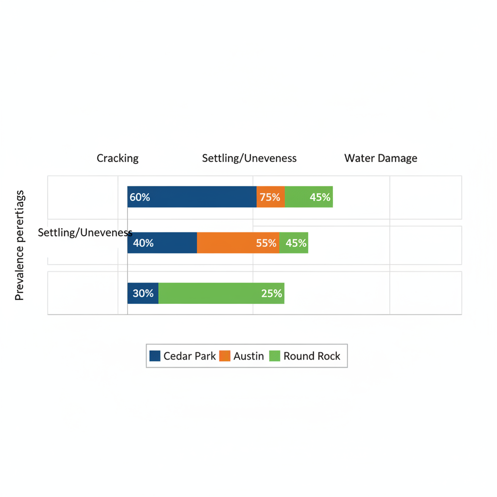 Bar chart comparing prevalence of concrete foundation issues like cracking, settling, and water damage in Cedar Park versus Austin and Round Rock.