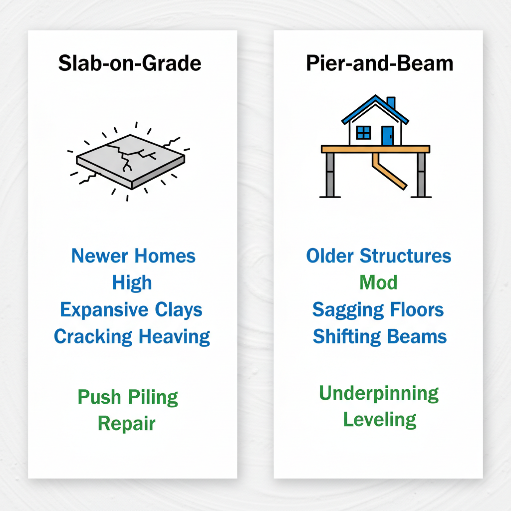 Infographic comparing Slab-on-Grade and Pier-and-Beam foundation types and challenges in Cedar Park